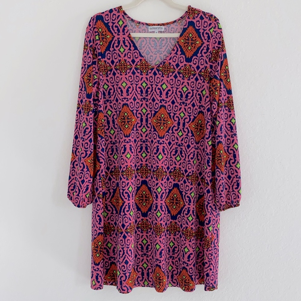 Buckhead Betties Hot Pink, Navy Blue Print V-Neck Long Sleeve Tunic Dress-Size M